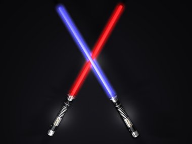 iki kırmızı ve mavi 3d ışık gelecekteki kılıç mücadele