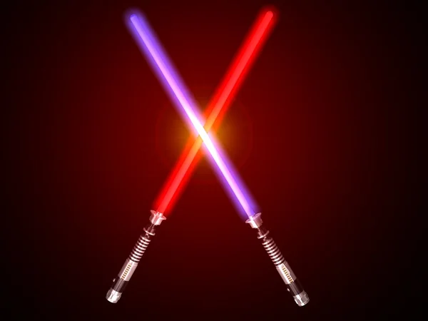 Deux épées rouges et bleues lumière 3d futur combat et lueur — Photo