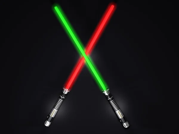 Two red and green 3d light future swords fight — Stock Photo, Image