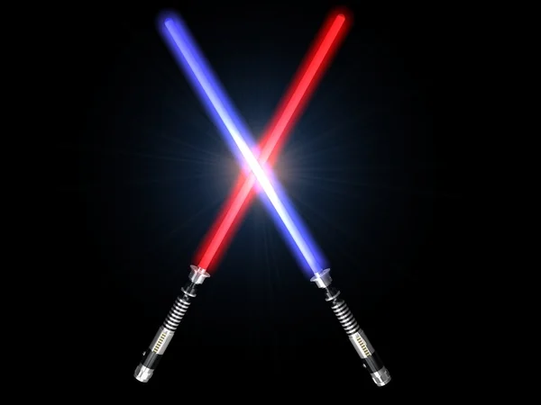 Deux épées rouges et bleues lumière 3d futures se battent avec éclat — Photo