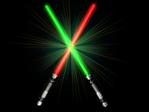 Deux rouge et vert lumière 3d futures épées combat et vert lueur — Photo