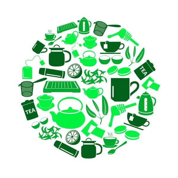 Tea theme green simple icons set in circle eps10 — Stock Vector