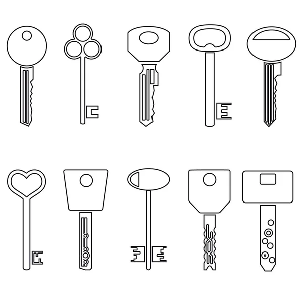 Varios símbolos de teclas de contorno negro para abrir una cerradura eps10 — Vector de stock