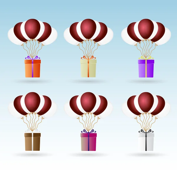 Paquete de regalo se eleva con globos de helio iconos conjunto eps10 — Vector de stock