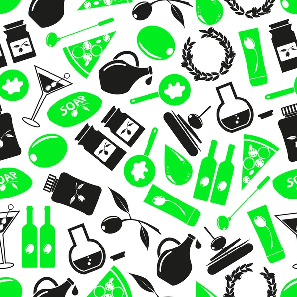 Olives et olives thème de produit icônes vert motif sans couture eps10 — Image vectorielle