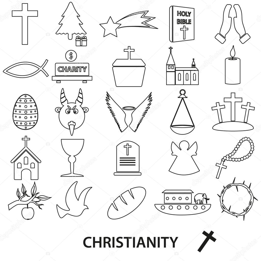 christianity religion symbols vector set of outline icons eps10