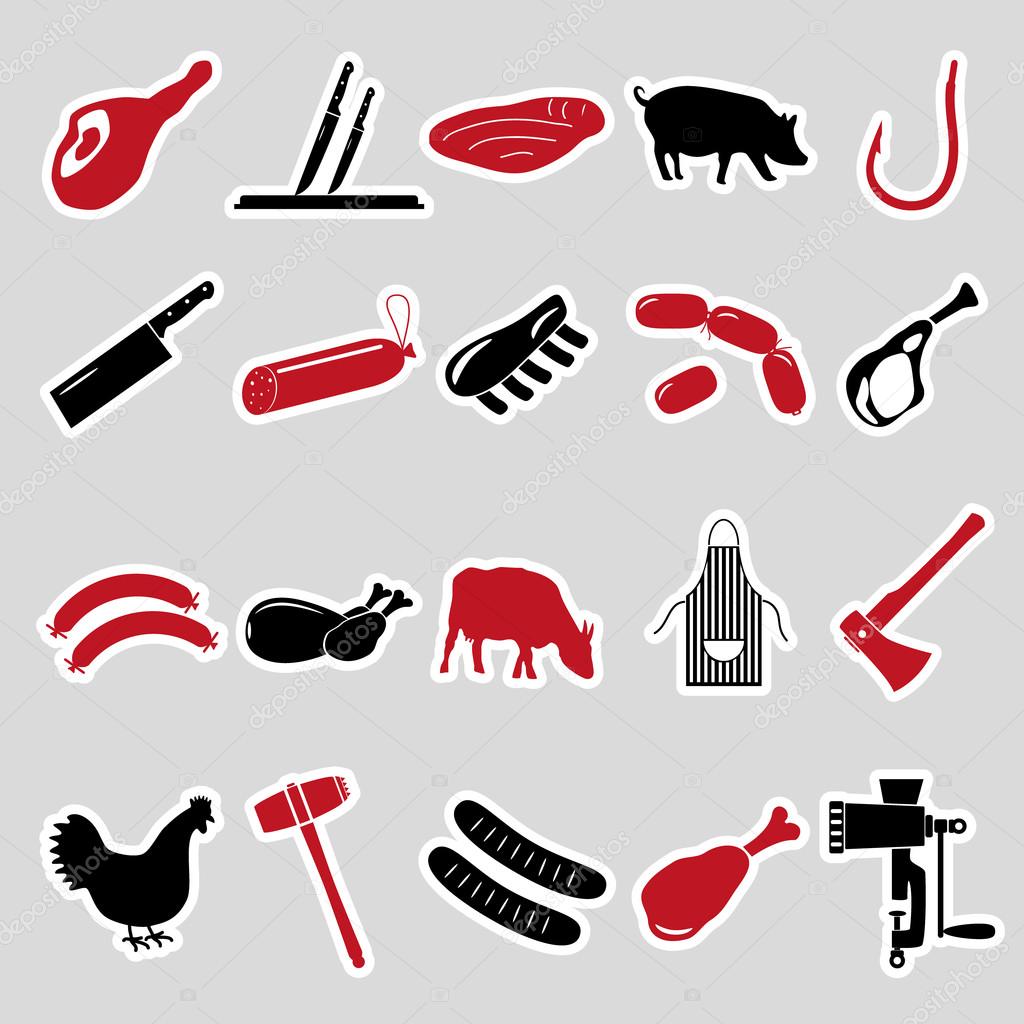 butcher and meat shop black and red stickers set eps10