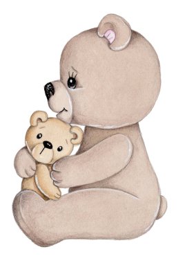 Sevimli çizgi film ayısı, kahverengi, yavru ayıyla mumya. Suluboya el çizimi sanat, illüstrasyon, çizim, simge. 