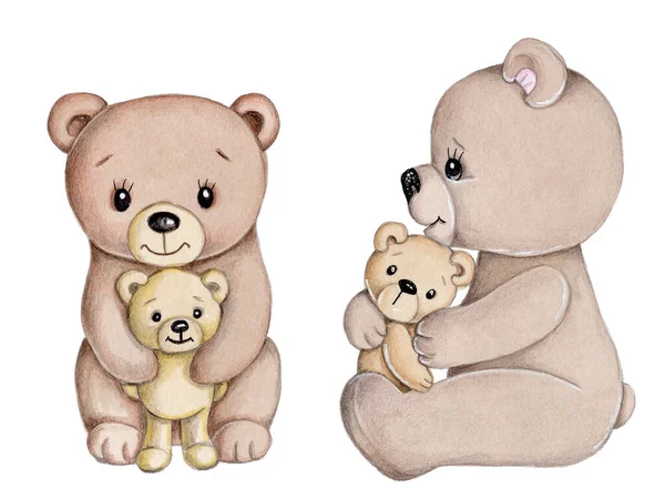 Bonitos Osos Peluche Dibujos Animados Marrones Acuarela Arte Dibujado Mano —  Fotos de Stock