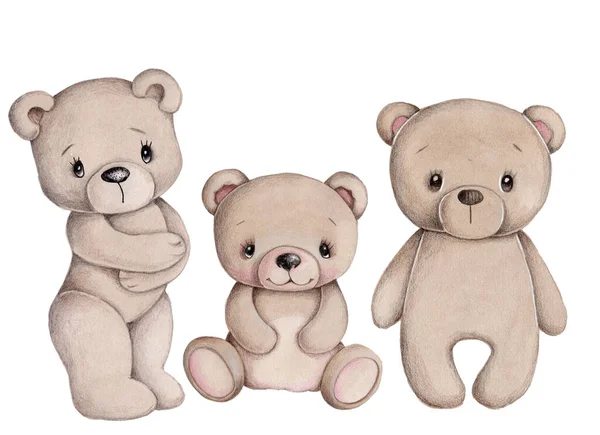 Cute Cartoon Teddy Bears Brown Watercolor Hand Drawn Art Illustration — Stock Photo, Image