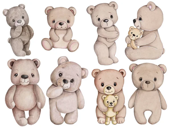 Set of cute cartoon teddy bears, brown.  Watercolor hand drawn art, illustration, sketch, icon.