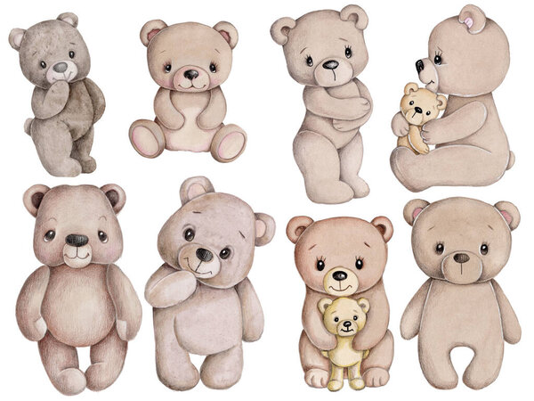 Set of cute cartoon teddy bears, brown.  Watercolor hand drawn art, illustration, sketch, icon. 