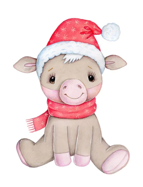 Söt Tecknad Tjur Kalv Husdjur Symbol För Nyår 2021 Akvarell — Stockfoto