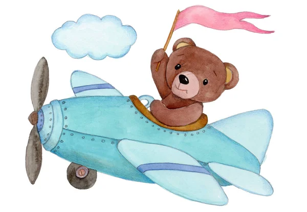 Aquarell Illustration Eines Niedlichen Cartoon Teddybärs Der Einem Blauen Flugzeug — Stockfoto