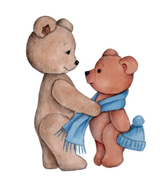 Schattige Cartoon Teddy Bears Aquarel Met Hand Getekend Illustratie Geïsoleerd — Stockfoto