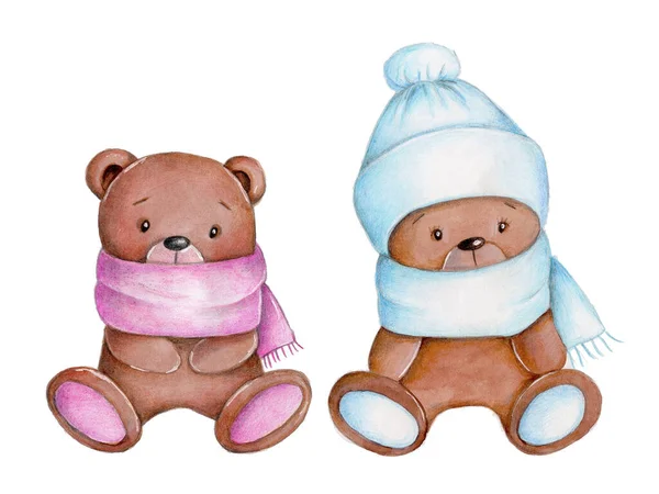 Schattige Cartoon Teddy Bears Aquarel Met Hand Getekend Illustratie Geïsoleerd — Stockfoto