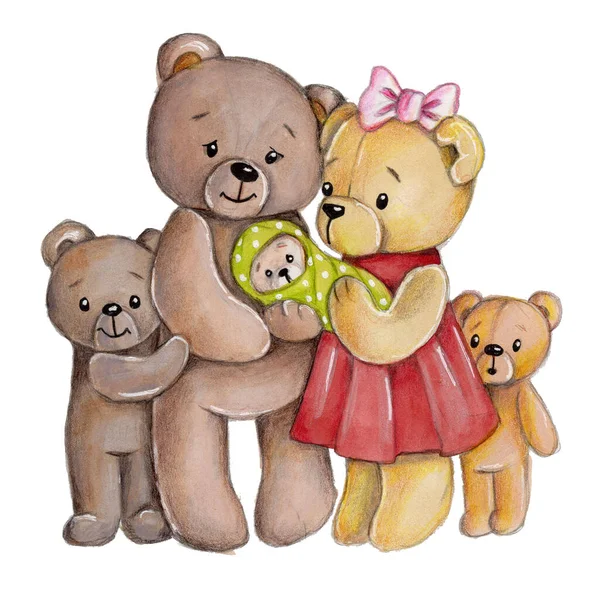 Cute cartoon Teddy Bear s \' family, parents and kids, watercolor hand drawn illustration, isolated on white background.