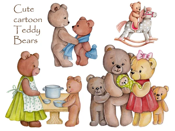 Cute cartoon Teddy Bears, set, watercolor hand drawn illustration, isolated on white background.