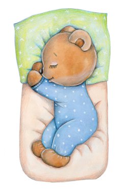 Mavi pijamalı sevimli oyuncak ayı. Beyaz arka planda izole edilmiş çocuklar için suluboya el çizimi.