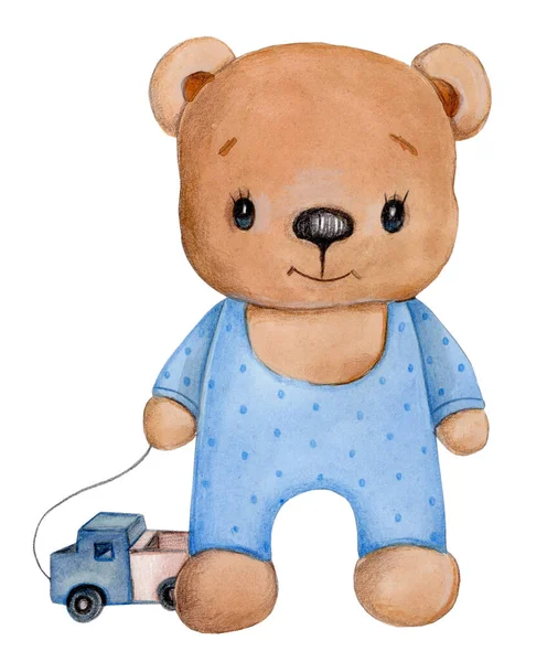 可爱的泰迪熊在蓝色睡衣与玩具卡车 水彩画手绘儿童插图 白色背景隔离 — 图库照片