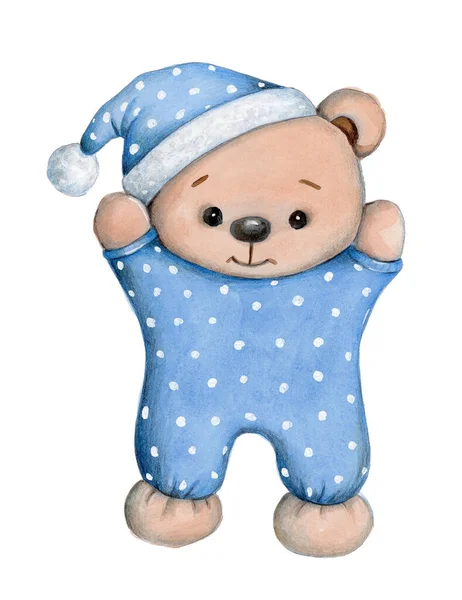 Roztomilý Medvídek Modrém Pyžamu Klobouku Ruce Vzhůru Akvarel Ručně Kreslené — Stock fotografie