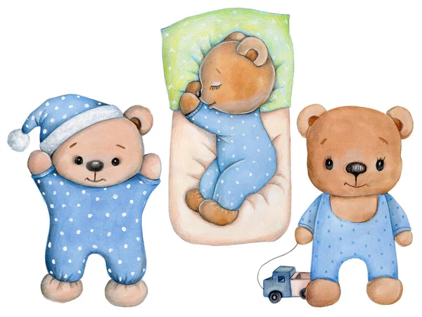 Three cute Teddy bears in blue pajamas. Watercolor hand drawn illustration for children, isolated on white background.