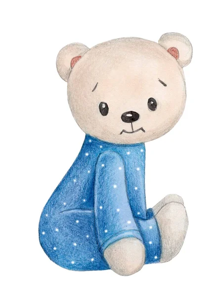 Cute Teddy Bear Blue Pajama Sitting Watercolor Hand Drawn Illustration — Stock Photo, Image