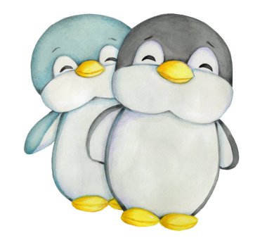 Sevimli çizgi film küçük penguenleri. Suluboya el çizimi çizimi.