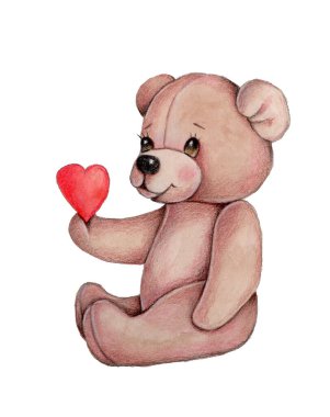 Suluboya el çizimi çizimi, sevimli çizgi film karakteri - oyuncak ayı, oyuncak hayvan. Beyaz arkaplanda izole.