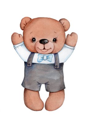 Suluboya el çizimi çizimi, sevimli çizgi film karakteri - oyuncak ayı, oyuncak hayvan. Beyaz arkaplanda izole.