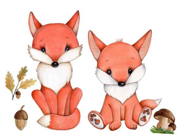 Akvarel Ručně Kreslené Ilustrace Náčrt Roztomilých Kreslených Postaviček Dětské Lišky — Stock fotografie
