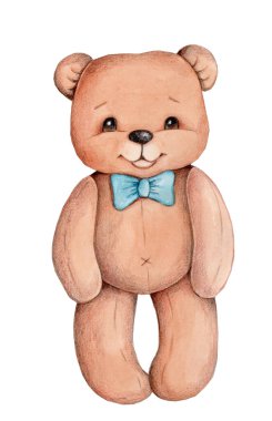 Şirin çizgi film oyuncağı oyuncak ayıcık, kahverengi ve mavi fiyonklu. Suluboya el çizimi çizimi, izole edilmiş.