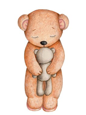 Sevimli oyuncak oyuncak ayıcık. Suluboya el, beyaz arka planda izole edilmiş çocuk resimleri çizdi..