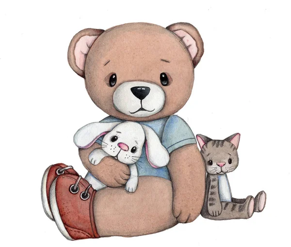 可爱的卡通人物玩具 玩具熊 兔子和猫 水彩画插图 印刷品 儿童设计元素 被隔离了 — 图库照片