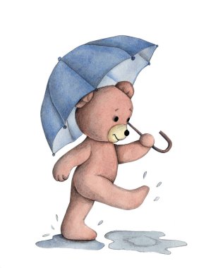 Mavi şemsiyeyle yürüyen sevimli çizgi film ayısı. Beyaz arka planda izole edilmiş çocuklar için suluboya el çizimi.