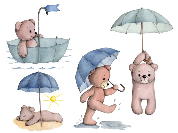 Set Simpatico Cartone Animato Teddy Beasr Con Ombrello Blu Illustrazione — Foto Stock