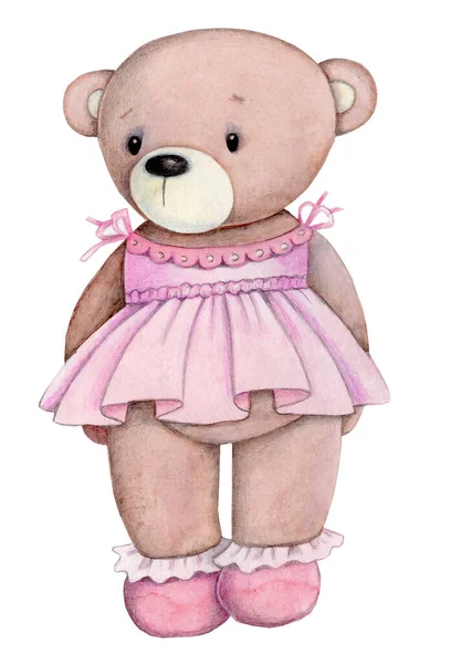 可爱的卡通片玩具熊女孩穿着粉色衣服站在那里 水彩画 手绘艺术 儿童素描 与白种人隔离 — 图库照片