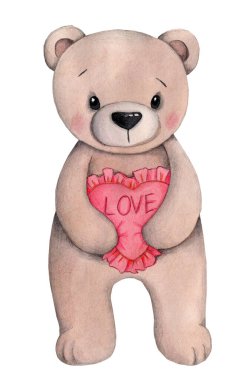 Suluboya el çizimi, kırmızı kalp yastıklı şirin oyuncak ayının çizimi. Herhangi bir çocuk tasarımı ve dekorasyonu için sanat. Beyaz arkaplanda izole.