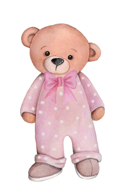 水彩画插图可爱的卡通玩具熊女孩穿着粉红色睡衣 任何儿童设计和装饰的艺术 因白人背景而被隔离 — 图库照片