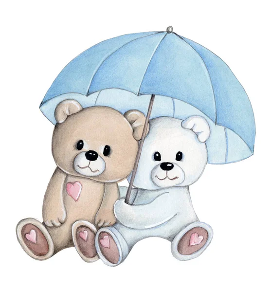 Aquarell Gezeichnete Illustration Zweier Niedlicher Cartoon Teddybären Mit Regenschirm Kunst — Stockfoto