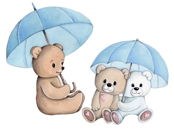 Aquarell Gezeichnete Illustration Von Niedlichen Cartoon Teddybären Und Regenschirmen Kunst — Stockfoto