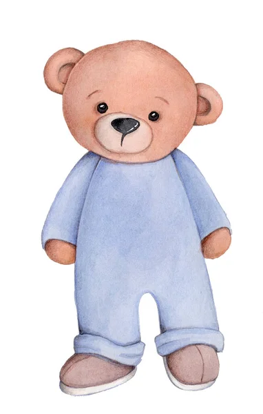 Aquarel Hand Getekend Illustratie Van Schattige Cartoon Teddybeer Blauwe Broek — Stockfoto