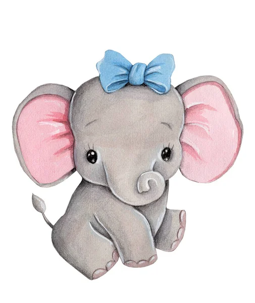 Nettes Cartoon Kleines Elefantenmädchen Mit Blauer Schleife Spielzeugtiere Aquarell Handgezeichnete — Stockfoto