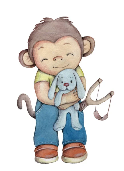 Roztomilý Kreslený Opičák Králíčkem Akvarel Ručně Kreslené Umělecké Dílo Ilustrace — Stock fotografie
