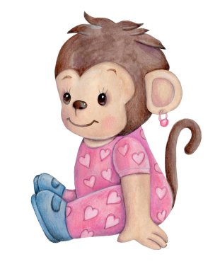 Şirin çizgi filmdeki pembe elbiseli maymun kız oturuyor. Beyaz arkaplanda izole edilmiş suluboya el çizimi.