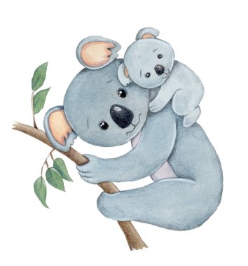 Bebekli küçük sevimli koala çizgi filmi, vahşi hayvan. Suluboya el çizimi, izole edilmiş. 