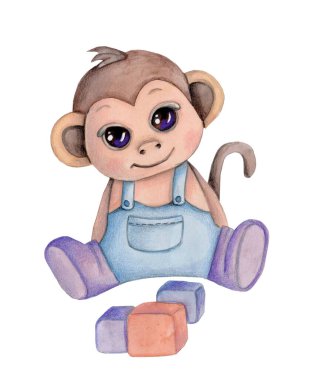 Suluboya el çizimi şirin oyuncak hayvan şirin maymun çizimi. İzole edilmiş.