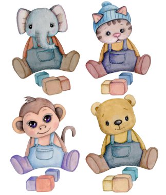 Suluboya el çizimi sevimli oyuncak hayvanların resimlerini çizdi. İzole edilmiş.