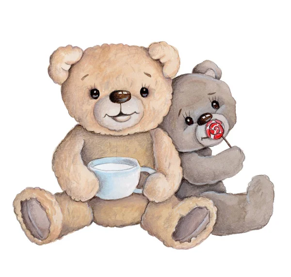 Akvarel Ručně Kreslené Ilustrace Roztomilé Kreslené Hračky Zvířata Medvídci Šálkem — Stock fotografie