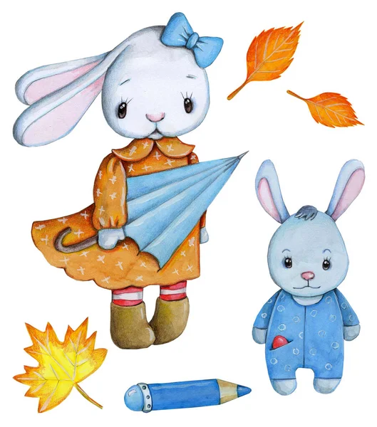 Cute Cartoon Baby Bunny Rabbit Hare Hand Drawn Watercolor Illustration — Zdjęcie stockowe